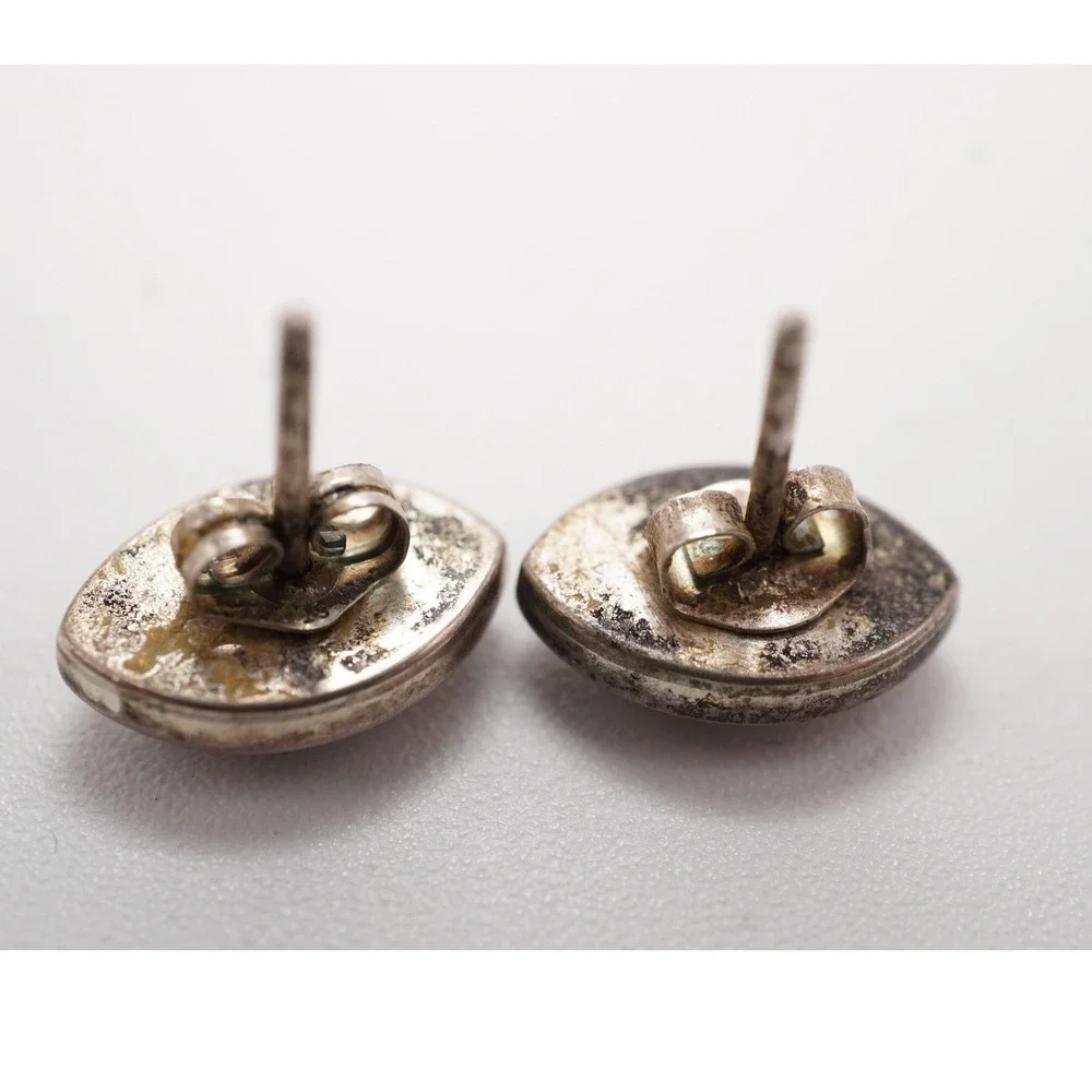 Vintage Sterling Silver Mother of Pearl Eye Stud Earrings Mosaic Inlay 1.86g